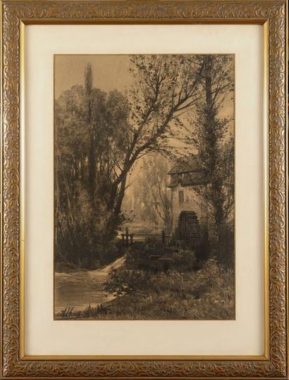 null Auguste ALLONGE (1833-1898) Le moulin à eau Fusain sur papier beige Signé en...