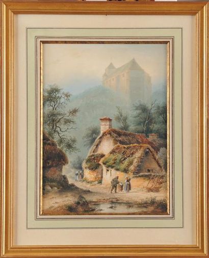 null PETIT (XIXe siècle) Chaumière au pied de l'abbaye, 18… Aquarelle gouachée Signée...
