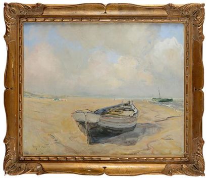 null Alexandre MARCETTE (1853-1929) Barques échouées, La Panne Gouache (petites craquelures)...