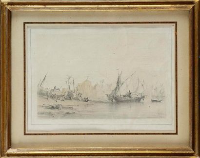 null Jules NOEL (1810-1881) Port oriental, 1846 Crayon noir et sanguine sur carte...