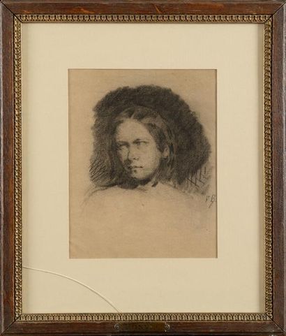 null François BONVIN (1817-1897) Tête féminine Crayon noir sur papier beige Monogramme...