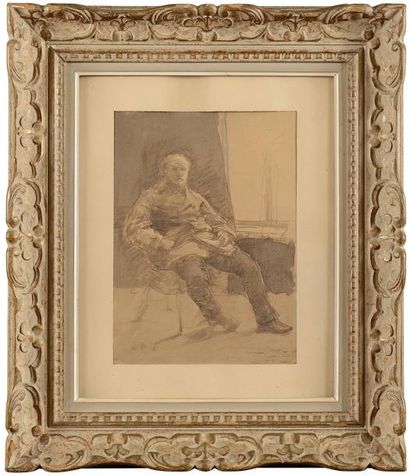 null Jules BASTIEN-LEPAGE (1848-1884) Homme assis Plume et lavis d'encre brune et...