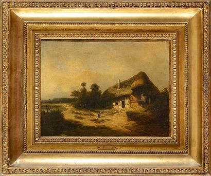 null Camille FLERS (1802-1868) Paysanne devant la chaumière Huile sur toile rentoilée...
