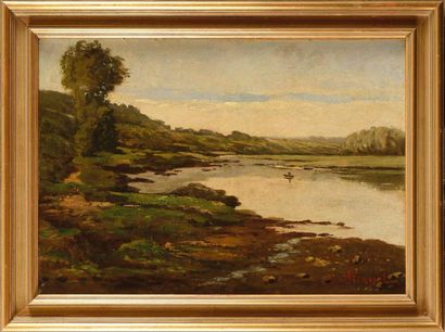 null Auguste GRASSET (1829-circa 1884) Paysage à l'aven Huile sur toile rentoilée...