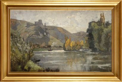 null Alexandre NOZAL (1852-1929) Ruines dans un méandre de rivière Huile sur toile...