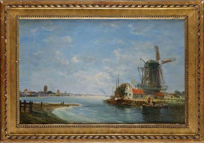null Gaston ROULLET (1847-1925) Canal et moulin hollandais Huile sur toile (petites...