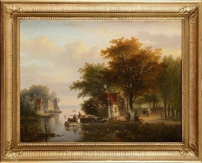null Joseph Manus STACK (1812-1868) Paysage animé au canal Huile sur toile (traces...
