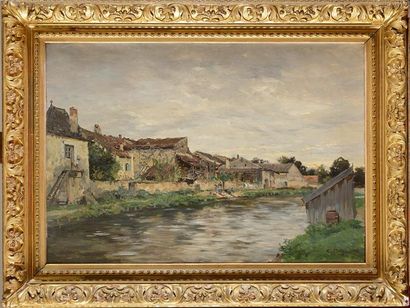 null Edmond PETITJEAN (1844-1925) Lavandières devant le village, 1892 Huile sur toile...