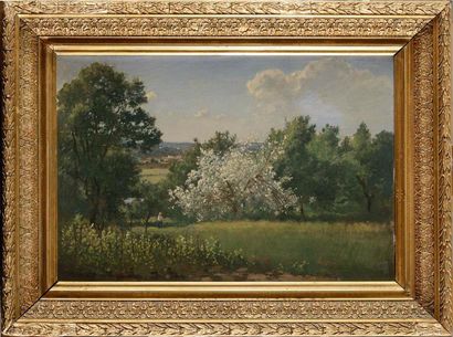 null Célestin DESHAYS (1817-circa 1890) Paysage à l'arbre en fleurs Huile sur toile...