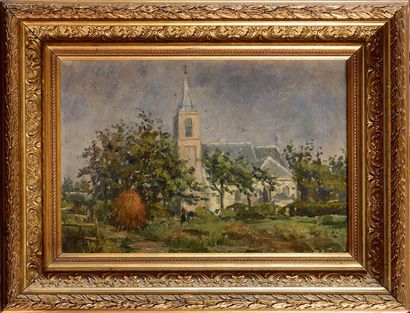 null Jocoba A. DE GRAAFF (1857-1940) Église de village Huile sur toile Signée en...