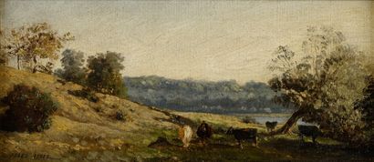 null Jules NOËL (1815-1881) Vaches au pâturage en Bretagne Huile sur toile marouflé...