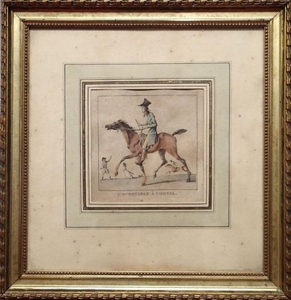 Carl VERNET (1756-1838) d’après L’Incroyable à cheval
Gravure polychrome
13,5 x 13,5...