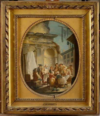 ATTRIBUÉ À PIERRE ANTOINE DEMACHY (1723 - 1807) Le marché devant des ruines antiques
Toile...