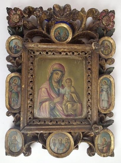 ECOLE ROUMAINE XIXEME Vierge à l’enfant
Icone en bois encadrement en bois sculpté...