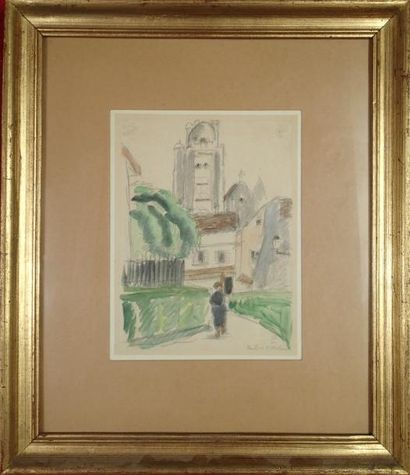 Théodor PALLADY (1871-1956) Vue de clocher
Crayon rehaussé à l'aquarelle
Signé en...