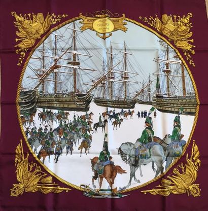 HERMES Paris CARRE en soie « Marine et cavalerie » par Le Doux dans les tons bordeau,...