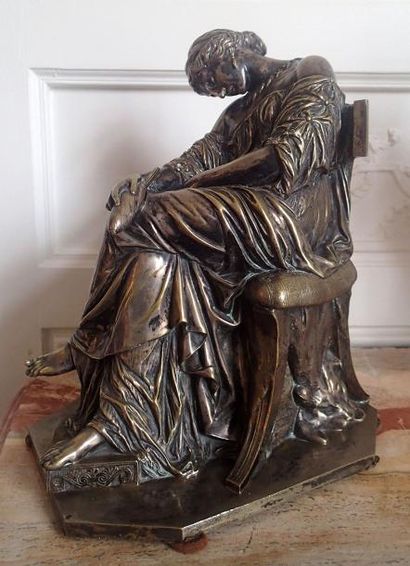null Pierre Jules CAVELIER (1814-1894) Pénélope endormie Bronze anciennement argenté...