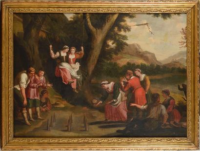 null ECOLE FRANCAISE XVIIIème siècle Le jeu de quilles Huile sur toile 85,5 x 112...