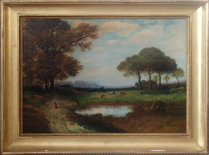 null Joseph François PARIS (1784-1871) Paysage animé au bord d'un étang Huile sur...