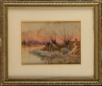 null Hippolyte Jean Adam GIDE (1852-1921) Pêcheur à l'étang Aquarelle signée en bas...