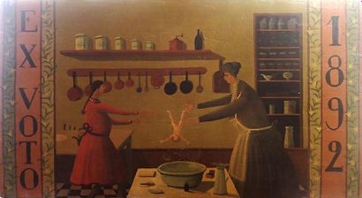 null EX VOTO 1892 Huile sur bois. Dans une cuisine, une mère et sa fille procédant...