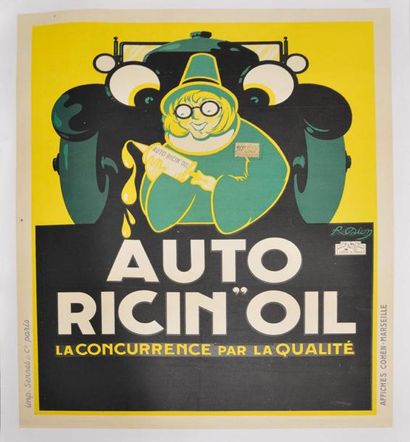 null R. DION

« Auto Ricin Oil »

Affiche lithographiée signée R.Dion, éditeur Cohen...