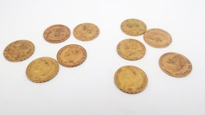 null LOT DE 10 pièces de 20 Francs en or jaune réciproquement datées 1812, 1813,...