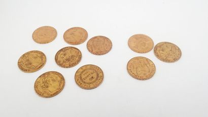 null LOT DE 10 pièces de 20 Francs en or jaune, réciproquement daté 1849, 1851, 1876,...