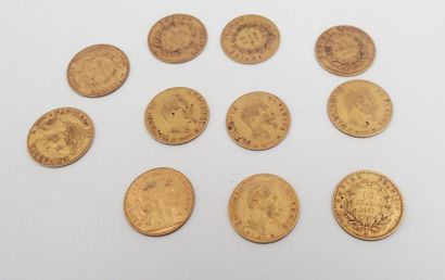 null LOT DE 11 pièces de 10 Francs en or jaune réciproquement datées 1855, 1856,...