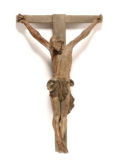 null CRUCIFIX avec Christ en bois sculpté et polychromé. Tête inclinée sur l’épaule...