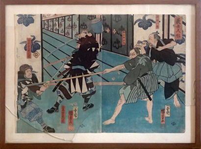 null JAPON Estampe en couleurs représentant une scène de combats de samourai. Fin...