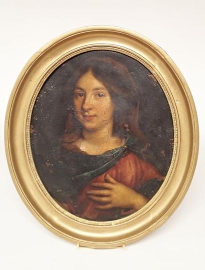 null ECOLE FRANCAISE du XVIIème siècle Portrait de femme Huile sur cuivre ovale 34...