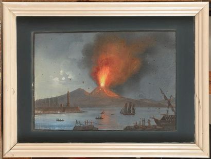 null ECOLE NAPOLITAINE du XIXème siècle L'éruption du volcan Gouache sur papier 30...