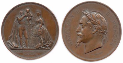 null lot de deux médailles en bronze à l’effigie de Napoléon III : Baptême de Napoléon...