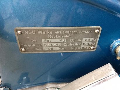 null 1952

NSU

Type Fox 101 OSB

Cadre n° 1615048 - Moteur n° 831135

Cylindrée...