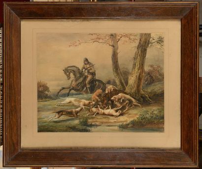 null Jules VERNET (1792-1834) Scène de chasse à courre au chevreuil et sanglier Paire...