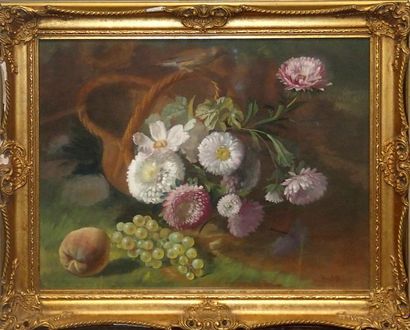 null August VON KOELITZ (1858-1898) Nature-morte au bouquet de fleurs, raisins et...