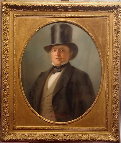null ECOLE FRANCAISE du XIXème siècle Portrait d'homme au chapeau haut de forme Pastel...
