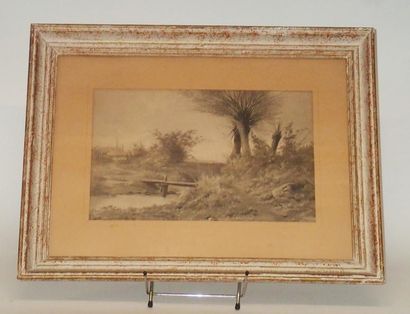 null Auguste ALLONGE (1833-1898) Paysages à l'étang Paire de fusains signés 26 x...
