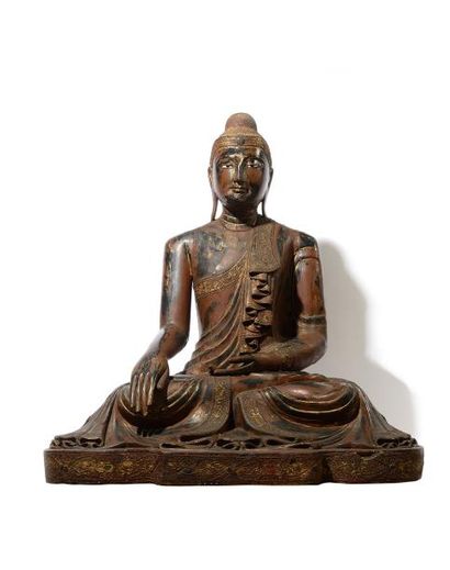 null THAILANDE Important Bouddha assis en position du lotus en bois laqué noir, rouge...