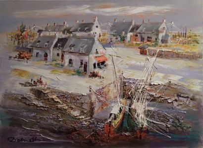 null Lucien DESMEDT (1919-1993) Port de pêche Huile sur toile Signée en bas à gauche...