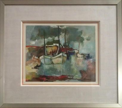 null Raymond PREAU dit L'AGENT (1916-1997) Barques à marée basse - Port breton Deux...
