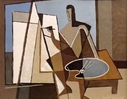 null Charles MÉRANGEL (1908-1993) Le peintre à l'atelier Gouache Signée en bas à...