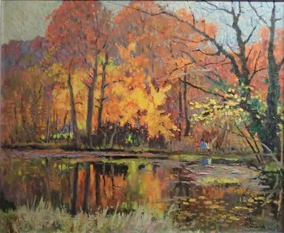 null Albert MALET (1912-1986) L'étang en sous-bois à l'automne Huile sur toile Signée...