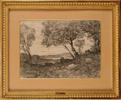 null Henri Joseph HARPIGNIES (1819-1916) Paysage aux arbres et au lac, 1910 Fusain...