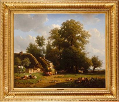 null Léon FLEURY (1804-1858) Chaumière près des arbres Huile sur toile rentoilée...
