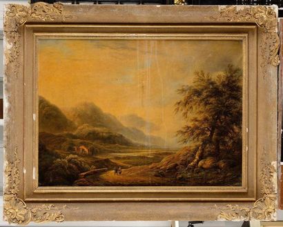 null Jules VAN MARCKE (1797-1849) Paysans sur une route de vallée, 1834 Huile sur...