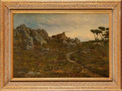 null Auguste BOULARD, fils (1852-1927) Moutons sur la lande à la chaumière Huile...