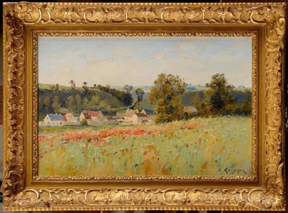 null Fernand QUIGNON (1854-1941) Le champ fleuri Huile sur panneau (fente restaurée)...