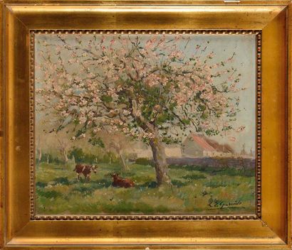 null Louis Edouard GARRIDO (1893-1982) Deux vaches sous un pommier en fleurs Huile...